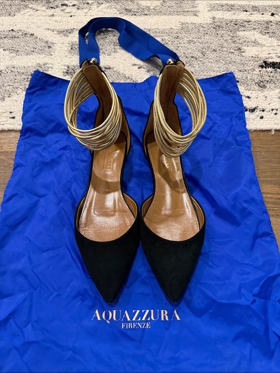 Aquazzura Shoes - Aquazzura Black Suede Pointed Toe Flats with Gold Ankle Wraps